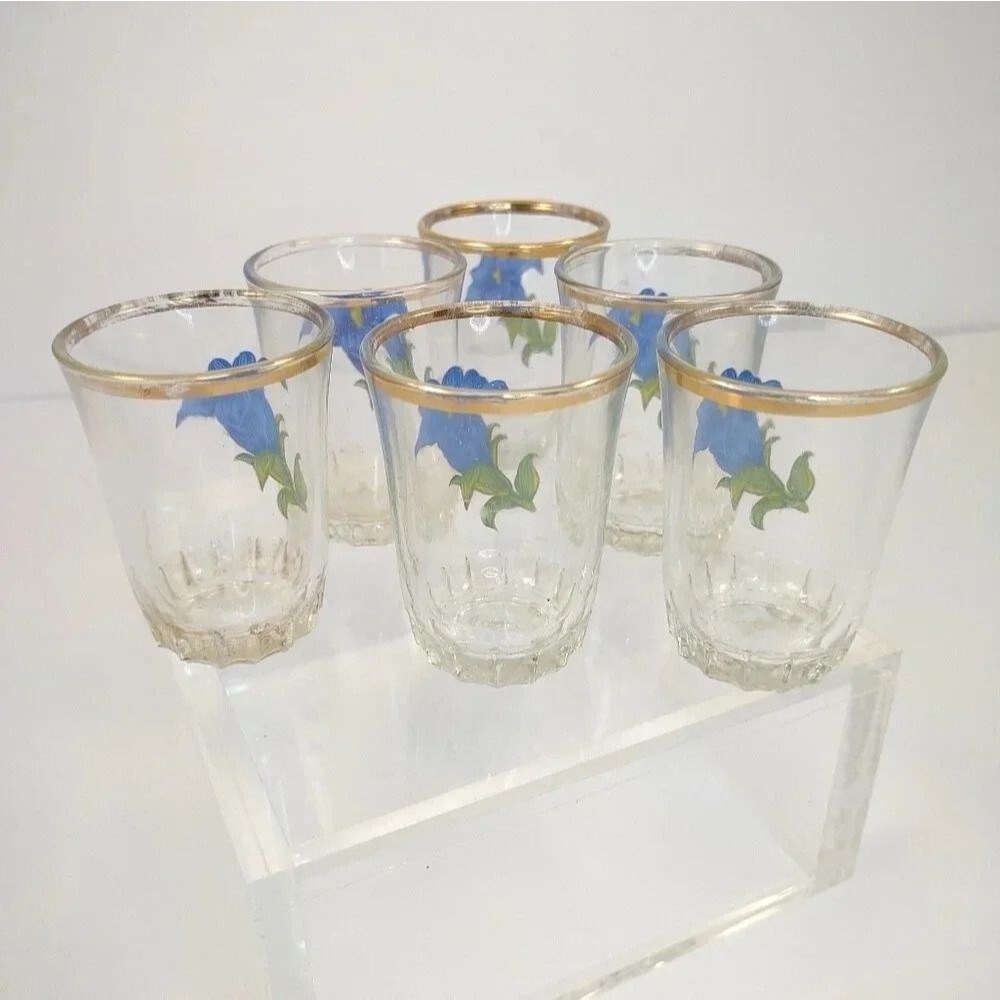 Vintage Shot Glasses With Blue Flower Pattern France Set of Six - Picture 7 of 11